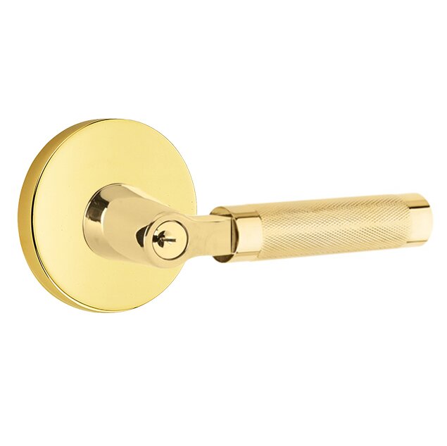 Key In L-Square Knurled Right Handed Lever with Disk Rosette in Unlacquered Brass