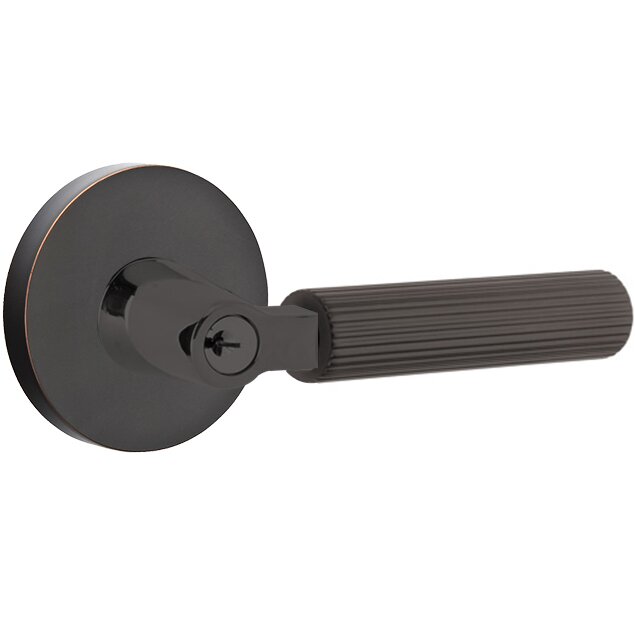 Key In L-Square Straight Knurled Right Handed Lever with Disk Rosette in Oil Rubbed Bronze