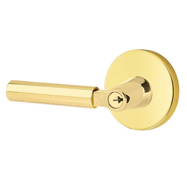 Key In L-Square Smooth Left Handed Lever with Disk Rosette in Unlacquered Brass