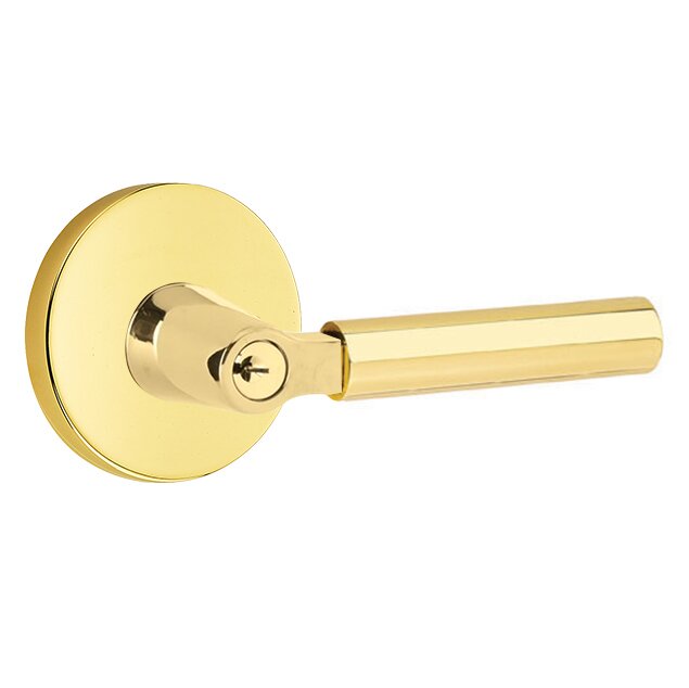 Key In L-Square Smooth Right Handed Lever with Disk Rosette in Unlacquered Brass