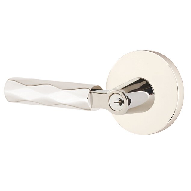 Key In L-Square Tribeca Left Handed Lever with Disk Rosette in Polished Nickel