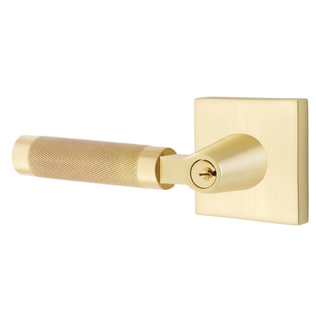 Key In L-Square Knurled Left Handed Lever with Square Rosette in Satin Brass