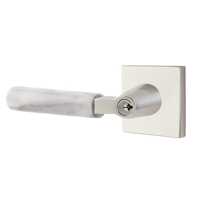Key In L-Square White Marble Left Handed Lever with Square Rosette in Satin Nickel