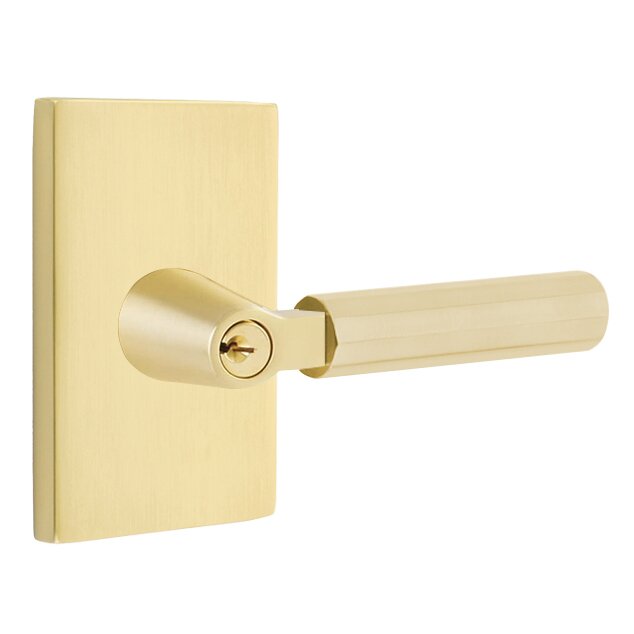 Key In L-Square Faceted Right Handed Lever with Modern Rectangular Rosette in Satin Brass