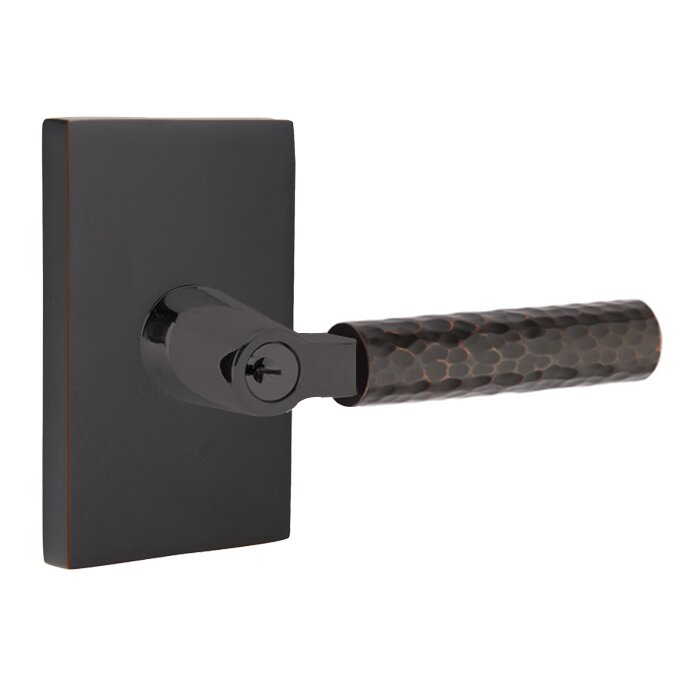 Key In L-Square Hammered Right Handed Lever with Modern Rectangular Rosette in Oil Rubbed Bronze