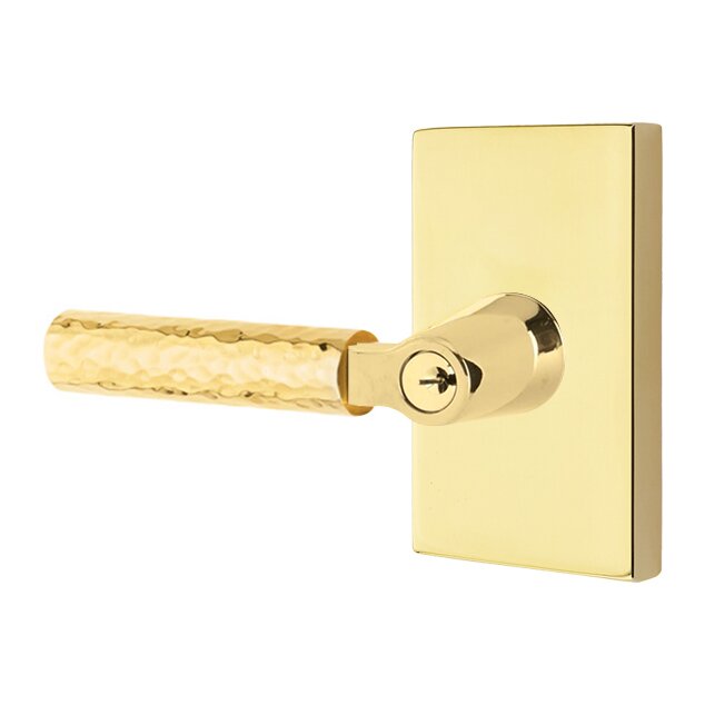 Key In L-Square Hammered Left Handed Lever with Modern Rectangular Rosette in Unlacquered Brass