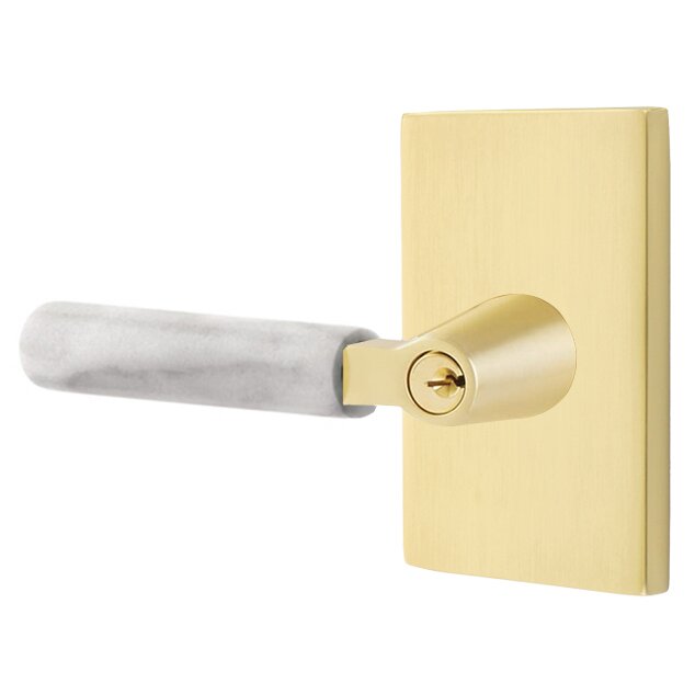 Key In L-Square White Marble Left Handed Lever with Modern Rectangular Rosette in Satin Brass