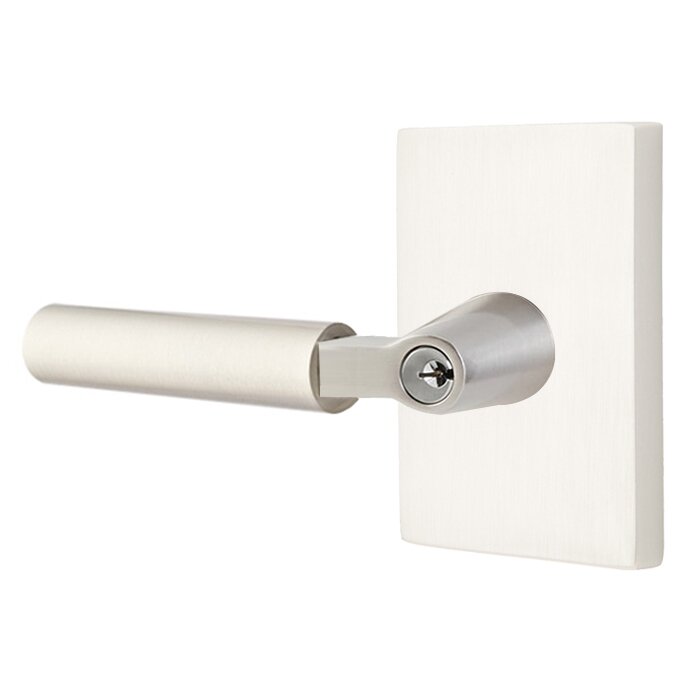 Key In L-Square Smooth Left Handed Lever with Modern Rectangular Rosette in Satin Nickel