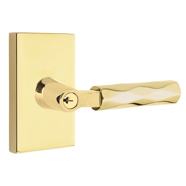 Key In L-Square Tribeca Right Handed Lever with Modern Rectangular Rosette in Unlacquered Brass