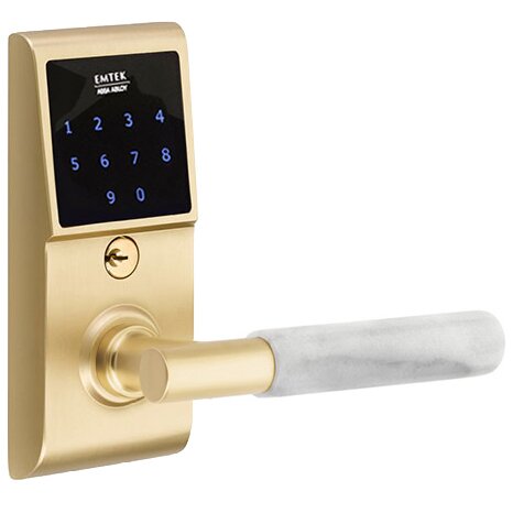 Emtouch - T-Bar White Marble Lever Electronic Touchscreen Lock in Satin Brass