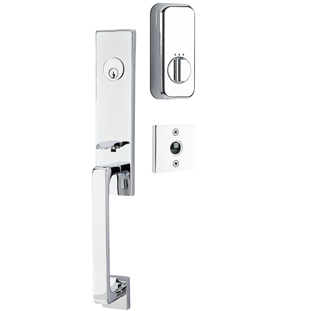 Davos Handleset with Empowered Smart Lock Upgrade and Spencer Right Handed Lever in Polished Chrome
