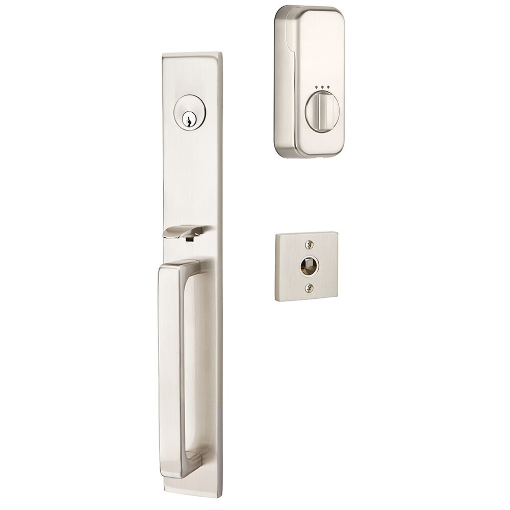 Lausanne Handleset with Empowered Smart Lock Upgrade and Poseidon Right Handed Lever in Satin Nickel