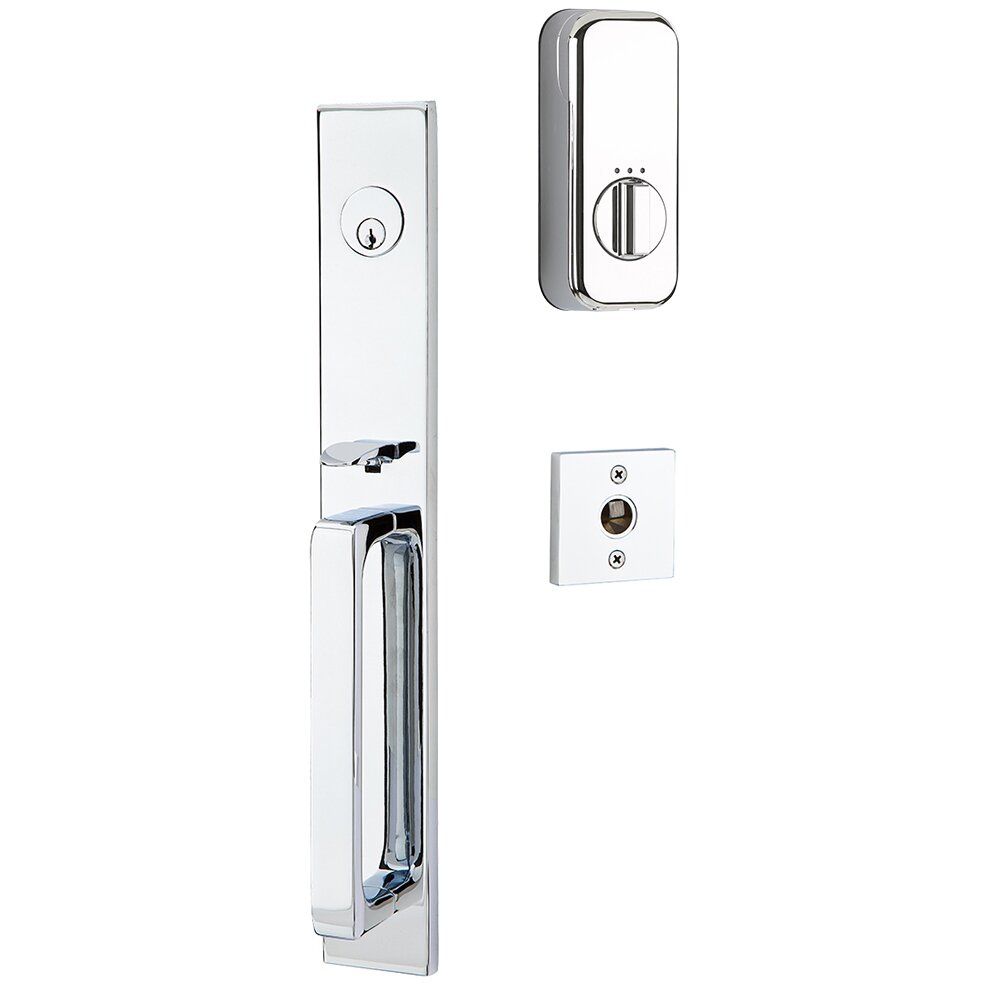 Lausanne Handleset with Empowered Smart Lock Upgrade and Helios Right Handed Lever in Polished Chrome