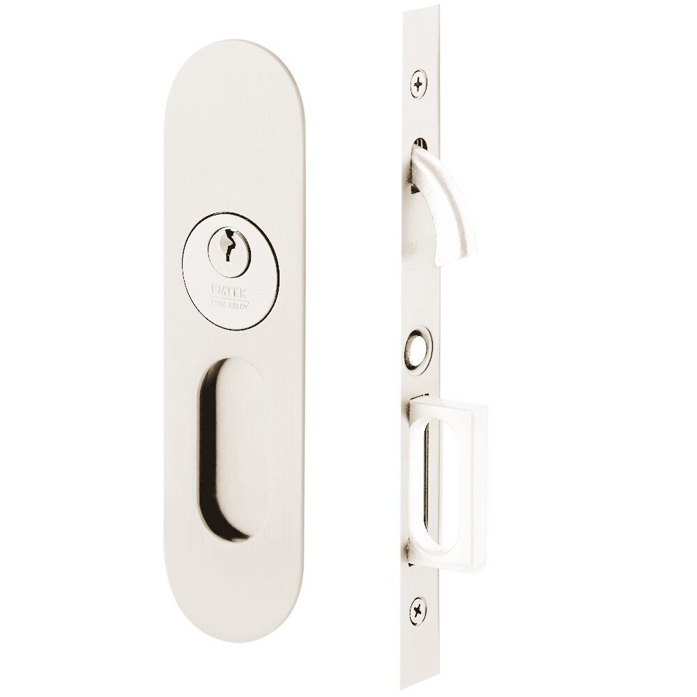 Narrow Modern Oval Keyed Pocket Door Mortise Lock in Polished Nickel