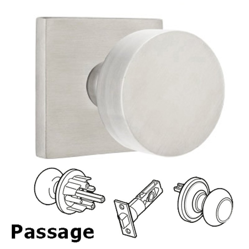 Round Passage Door Knob and Brushed Stainless Steel Square Rose with Concealed Screws
