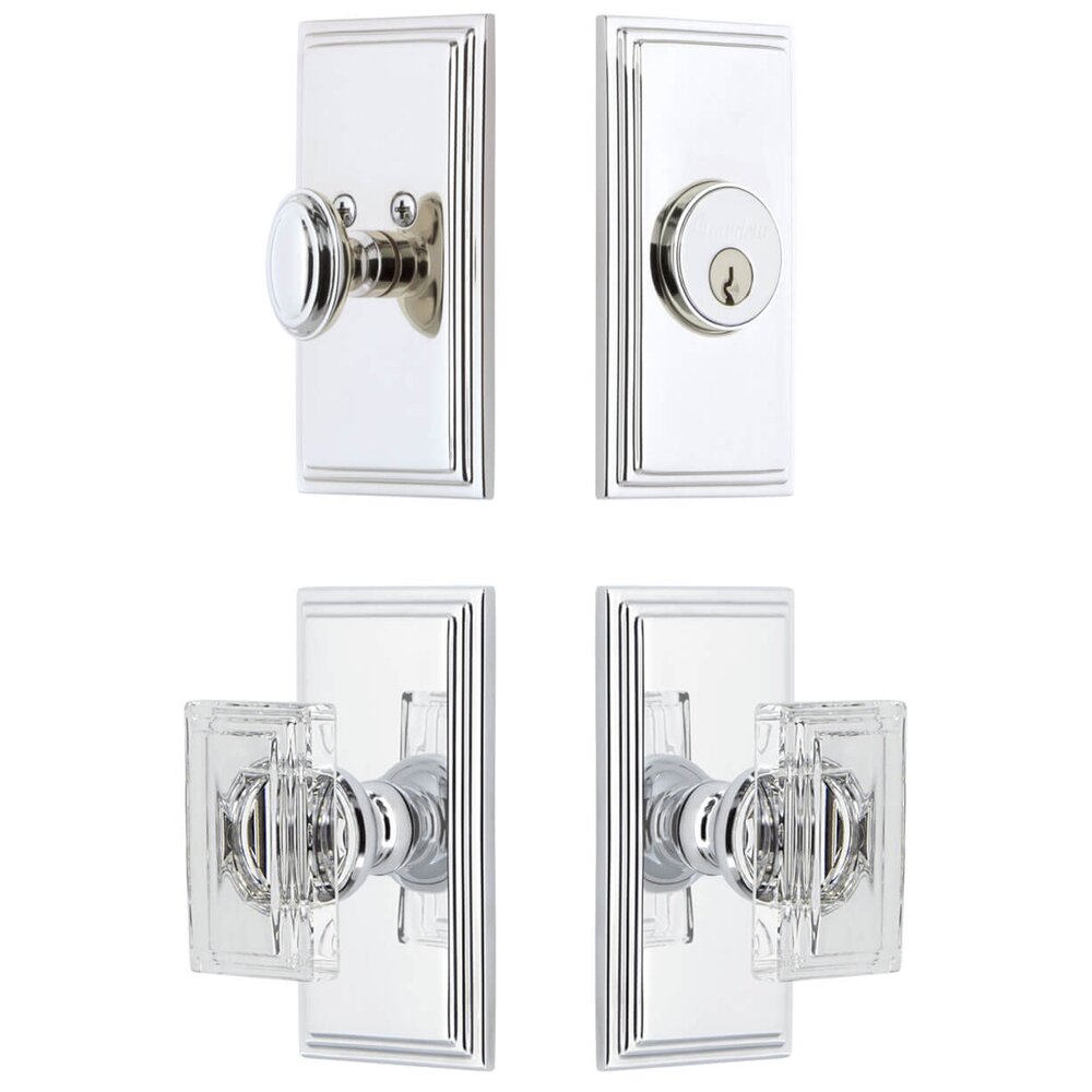 Carre Short Plate Entry Set with Carre Crystal Knob in Bright Chrome