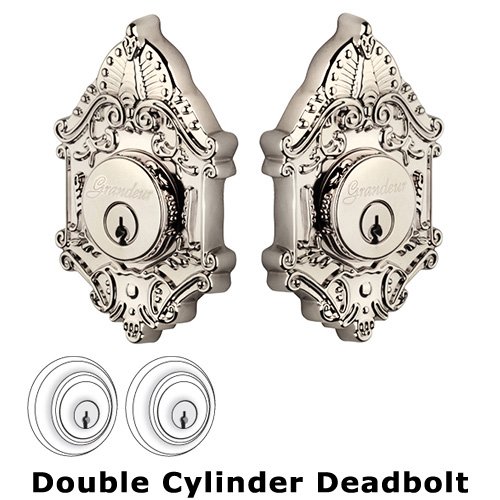 Grandeur Double Cylinder Deadbolt with Grande Victorian Plate in Polished Nickel
