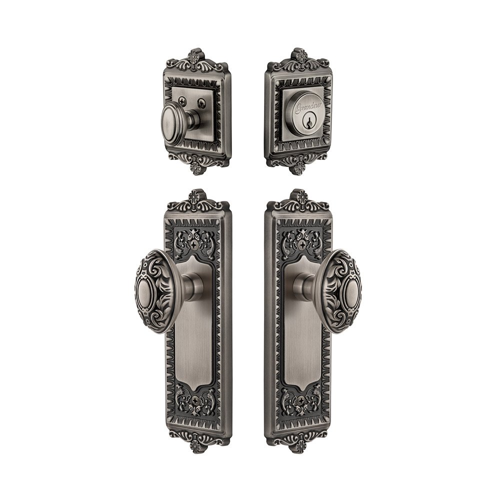 Windsor Plate With Grande Victorian Knob & Matching Deadbolt In Antique Pewter