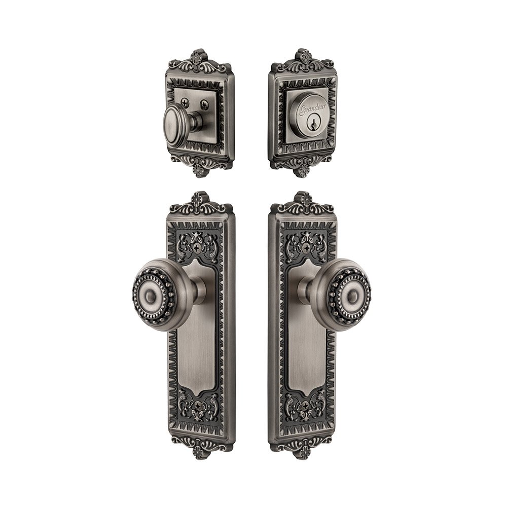 Windsor Plate With Parthenon Knob & Matching Deadbolt In Antique Pewter