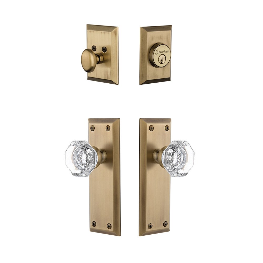 Fifth Avenue Plate With Chambord Crystal Knob & Matching Deadbolt In Vintage Brass