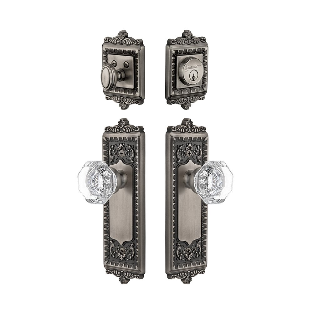 Windsor Plate With Chambord Crystal Knob & Matching Deadbolt In Antique Pewter
