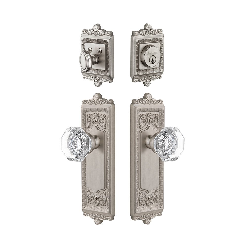 Windsor Plate With Chambord Crystal Knob & Matching Deadbolt In Satin Nickel