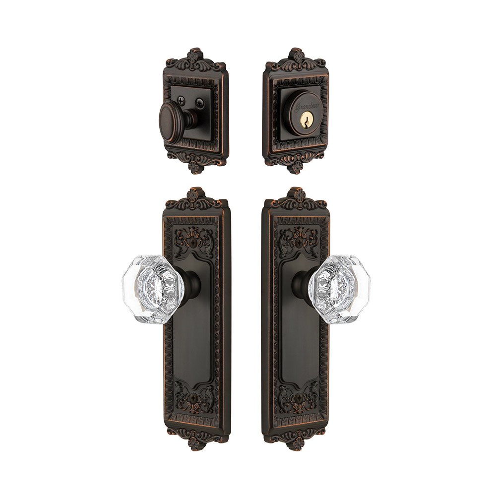 Windsor Plate With Chambord Crystal Knob & Matching Deadbolt In Timeless Bronze