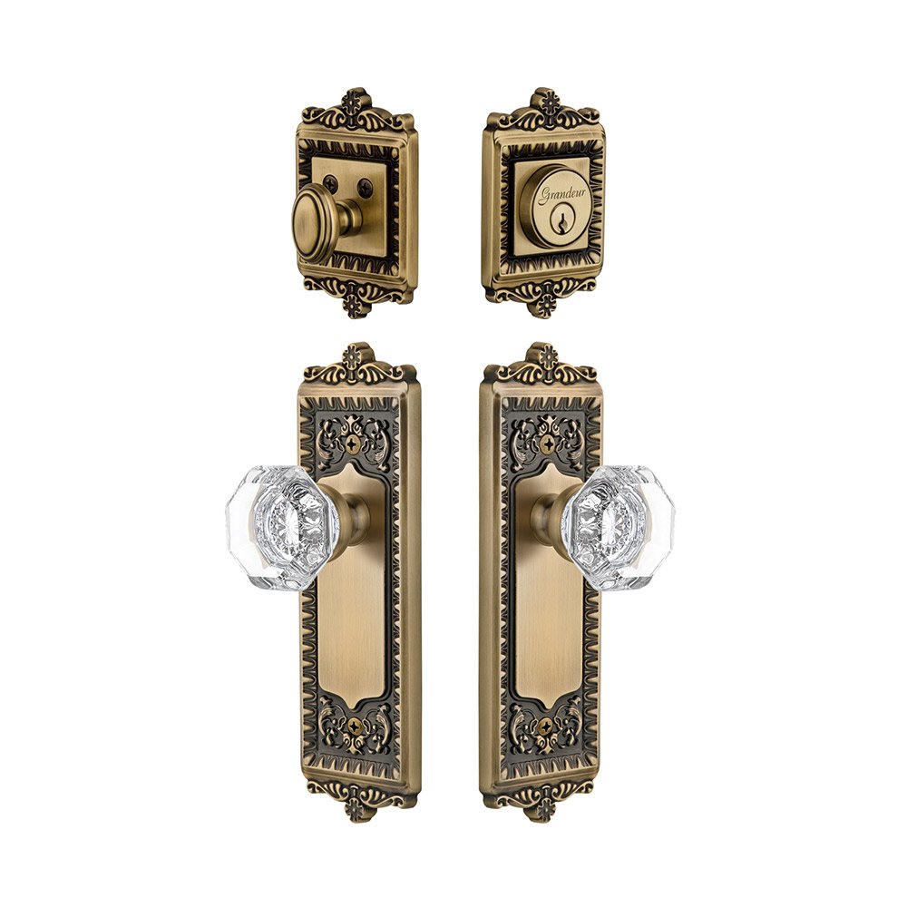Windsor Plate With Chambord Crystal Knob & Matching Deadbolt In Vintage Brass