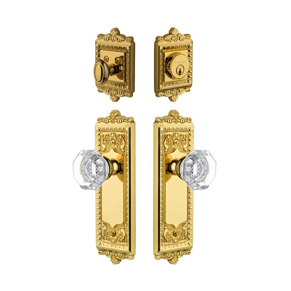 Windsor Plate With Chambord Crystal Knob & Matching Deadbolt In Lifetime Brass