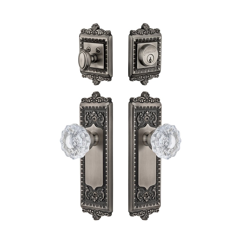 Windsor Plate With Versailles Crystal Knob & Matching Deadbolt In Antique Pewter