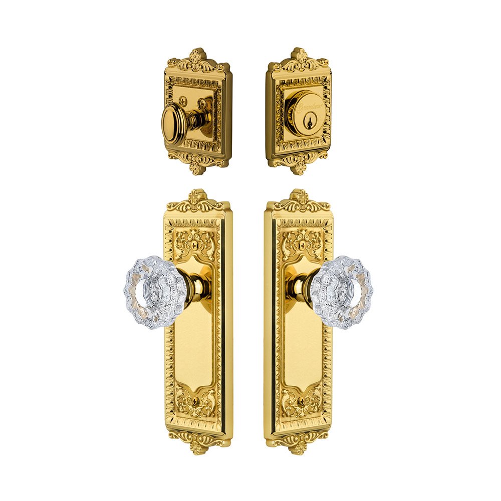 Windsor Plate With Versailles Crystal Knob & Matching Deadbolt In Lifetime Brass