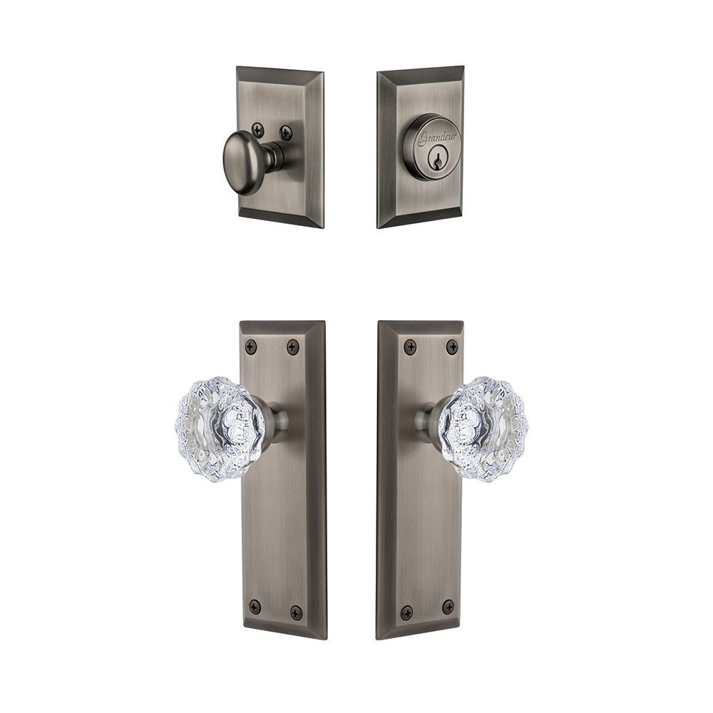 Fifth Avenue Plate With Fontainebleau Crystal Knob & Matching Deadbolt In Antique Pewter