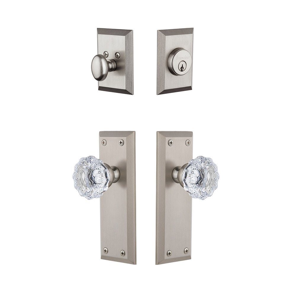 Fifth Avenue Plate With Fontainebleau Crystal Knob & Matching Deadbolt In Satin Nickel