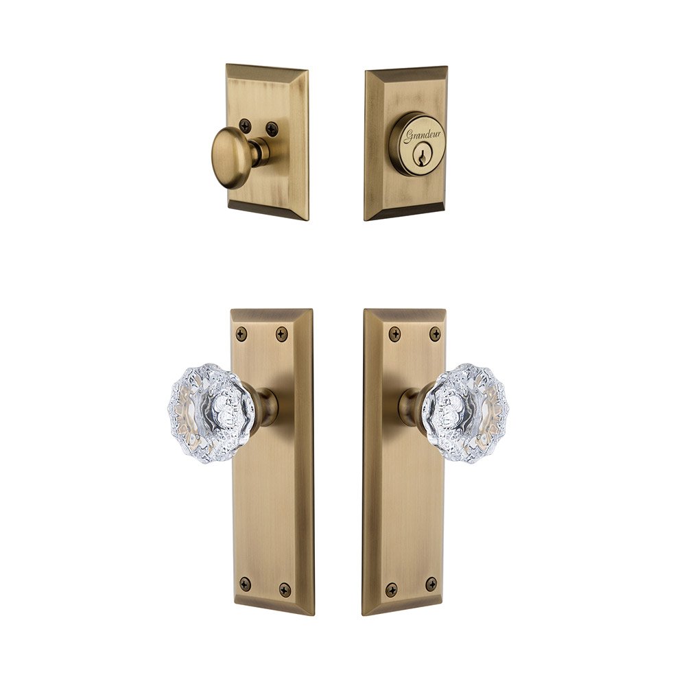 Fifth Avenue Plate With Fontainebleau Crystal Knob & Matching Deadbolt In Vintage Brass