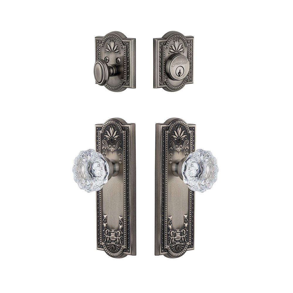 Parthenon Plate With Fontainebleau Crystal Knob & Matching Deadbolt In Antique Pewter
