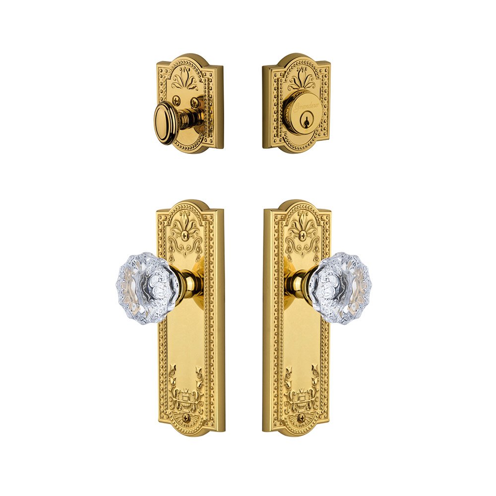 Parthenon Plate With Fontainebleau Crystal Knob & Matching Deadbolt In Lifetime Brass