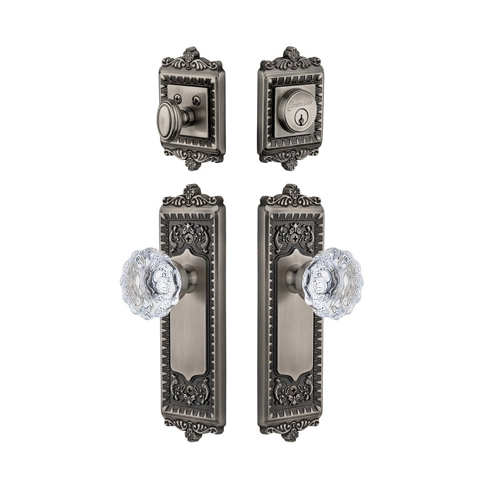 Windsor Plate With Fontainebleau Crystal Knob & Matching Deadbolt In Antique Pewter