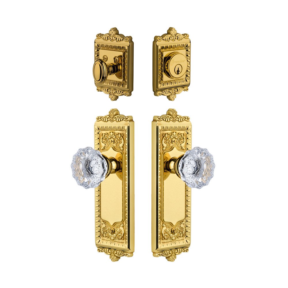 Windsor Plate With Fontainebleau Crystal Knob & Matching Deadbolt In Lifetime Brass