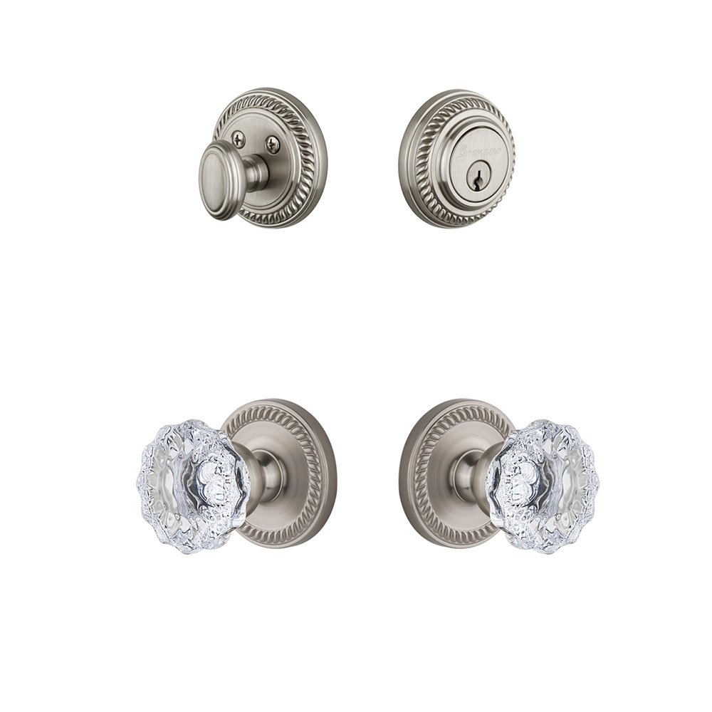 Handleset - Newport Rosette With Fontainebleau Crystal Knob & Matching Deadbolt In Satin Nickel