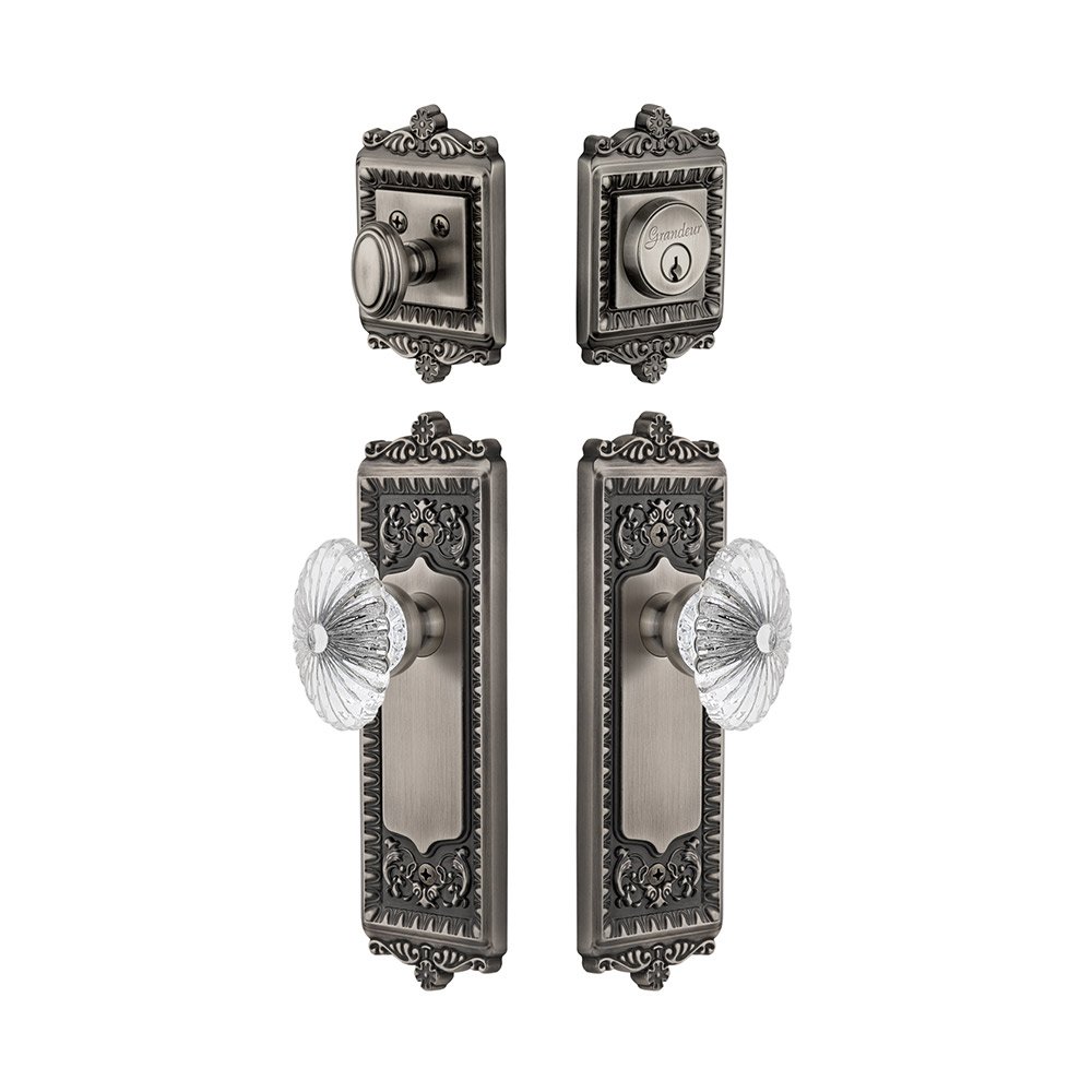 Windsor Plate With Burgundy Crystal Knob & Matching Deadbolt In Antique Pewter