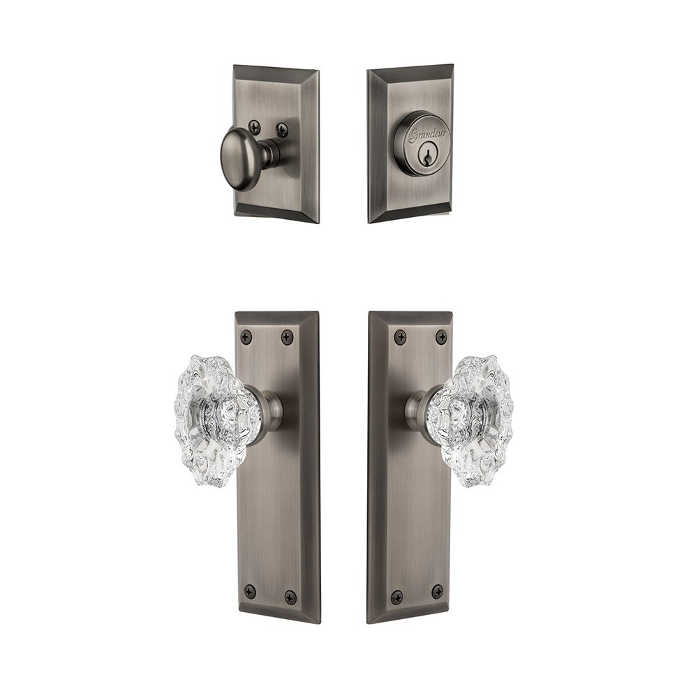 Fifth Avenue Plate With Biarritz Crystal Knob & Matching Deadbolt In Antique Pewter