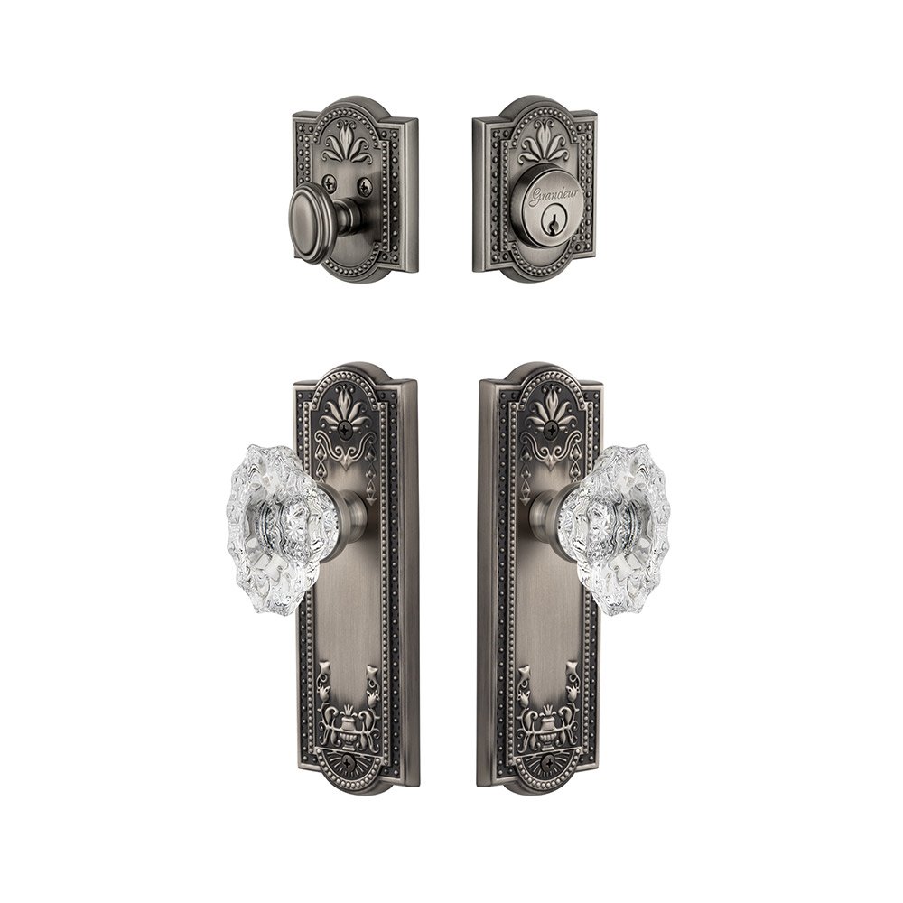 Parthenon Plate With Biarritz Crystal Knob & Matching Deadbolt In Antique Pewter