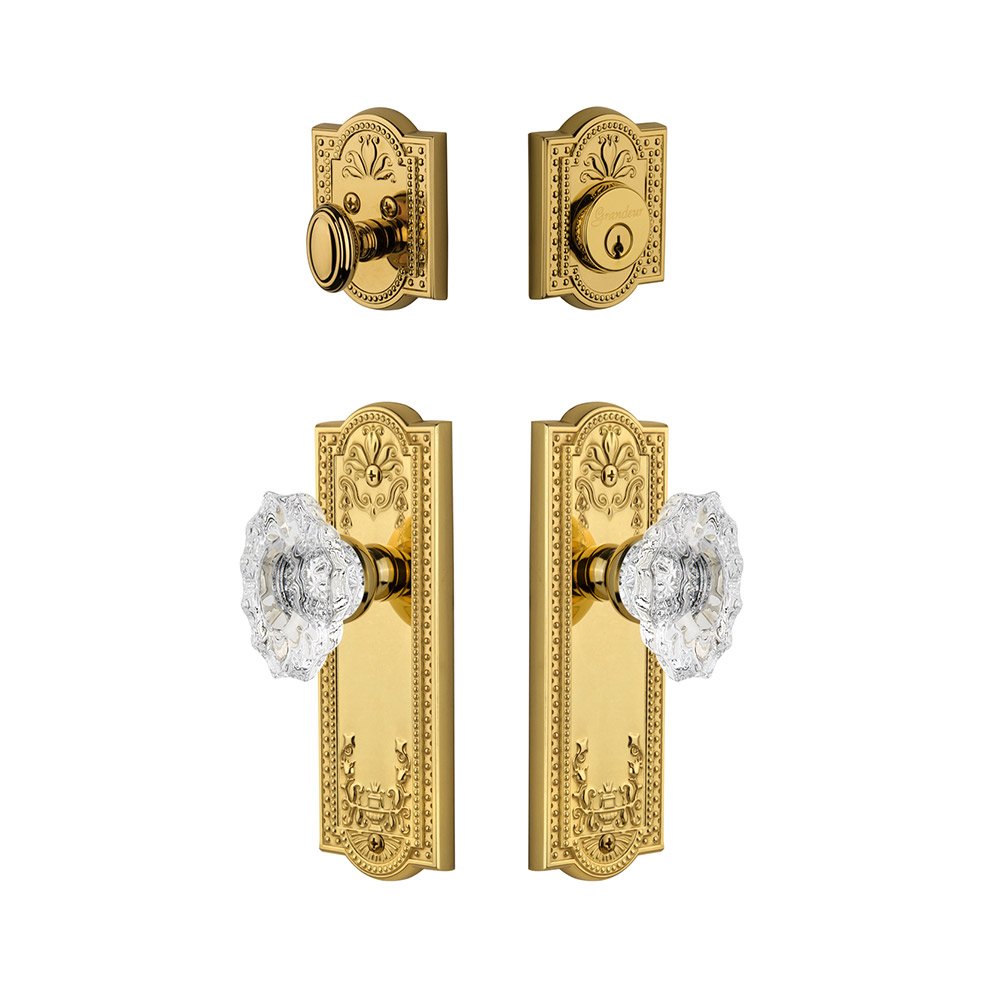 Parthenon Plate With Biarritz Crystal Knob & Matching Deadbolt In Lifetime Brass