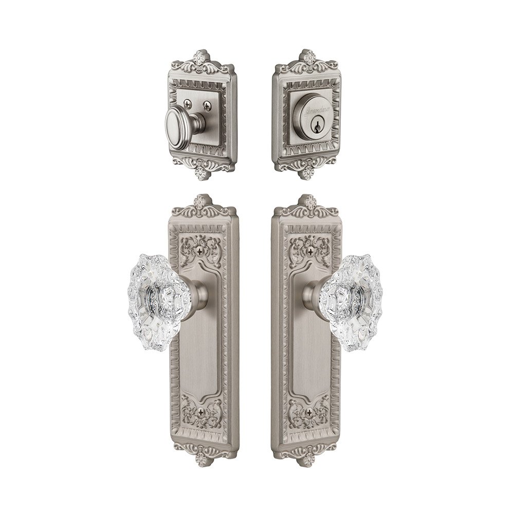 Windsor Plate With Biarritz Crystal Knob & Matching Deadbolt In Satin Nickel