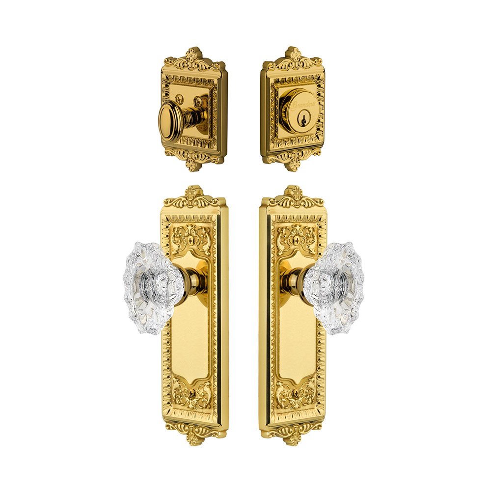 Windsor Plate With Biarritz Crystal Knob & Matching Deadbolt In Lifetime Brass