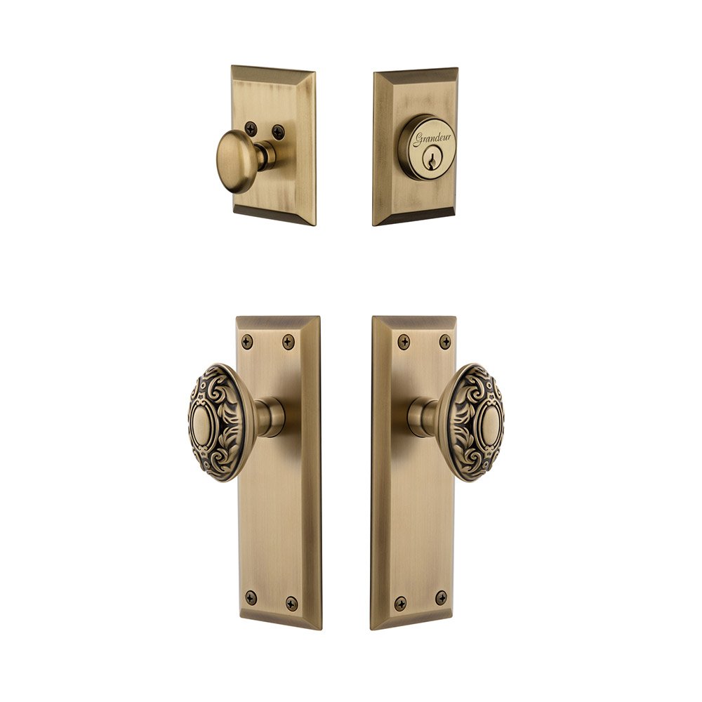 Fifth Avenue Plate With Grande Victorian Knob & Matching Deadbolt In Vintage Brass