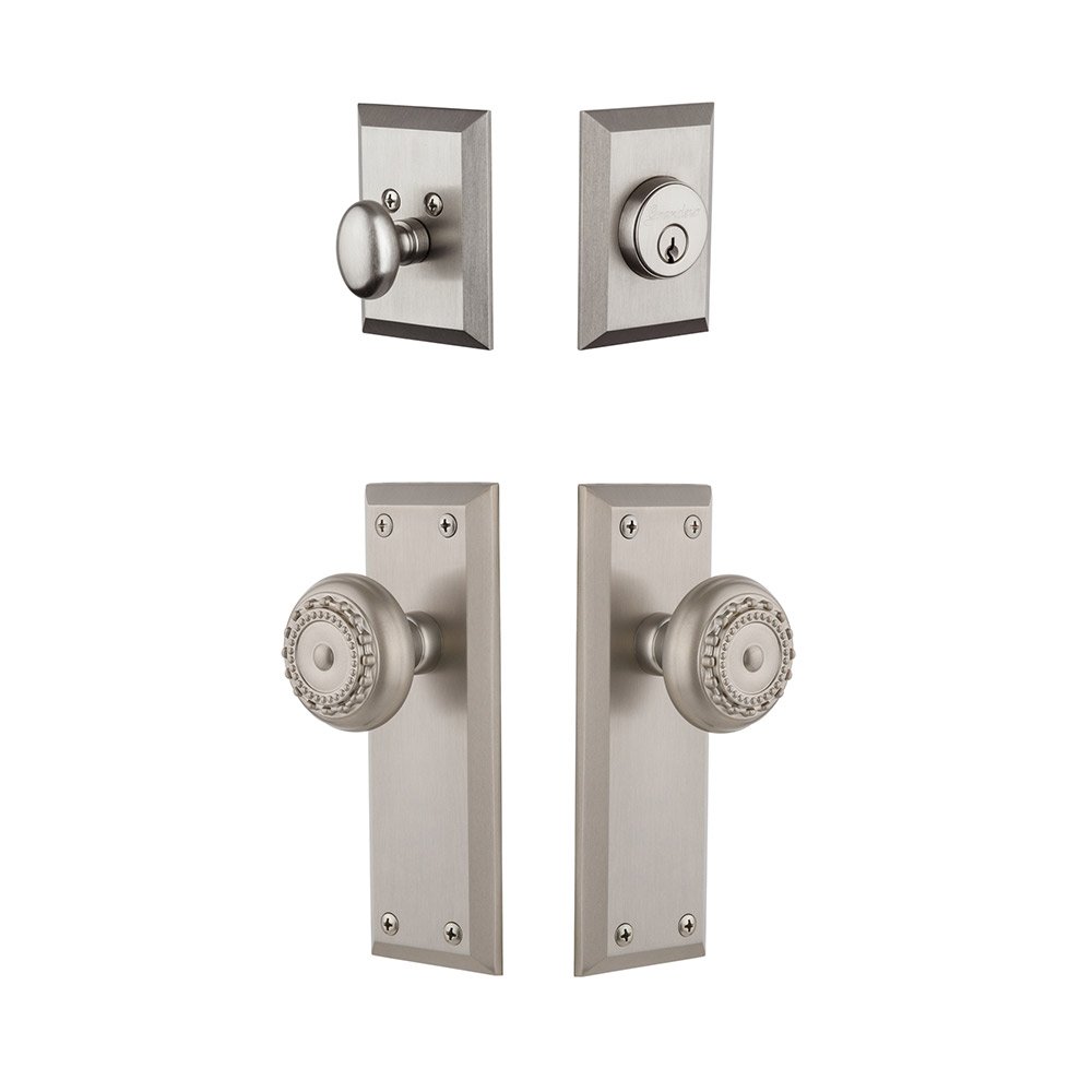 Fifth Avenue Plate With Parthenon Knob & Matching Deadbolt In Satin Nickel