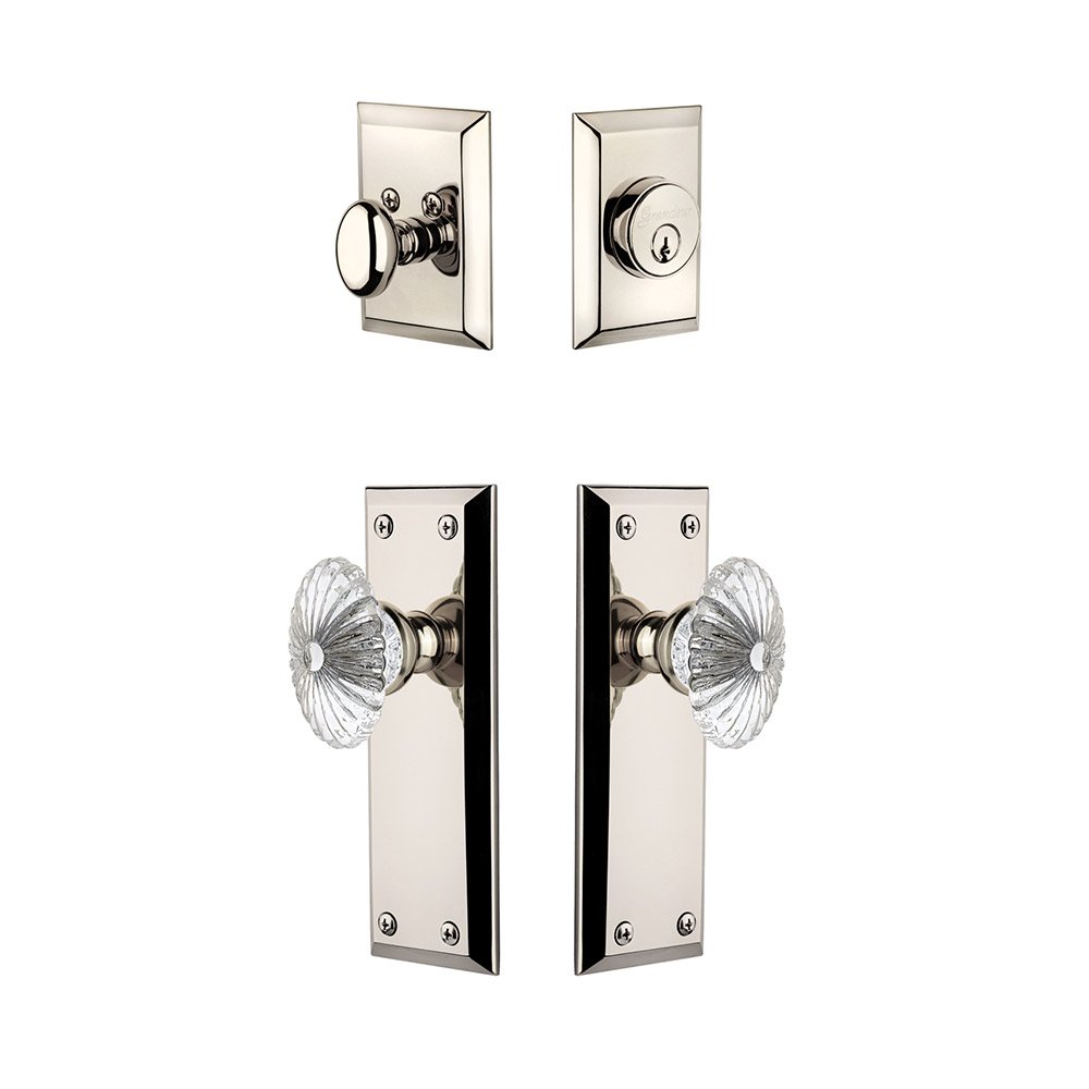Fifth Avenue Plate With Burgundy Crystal Knob & Matching Deadbolt In Polished Nickel