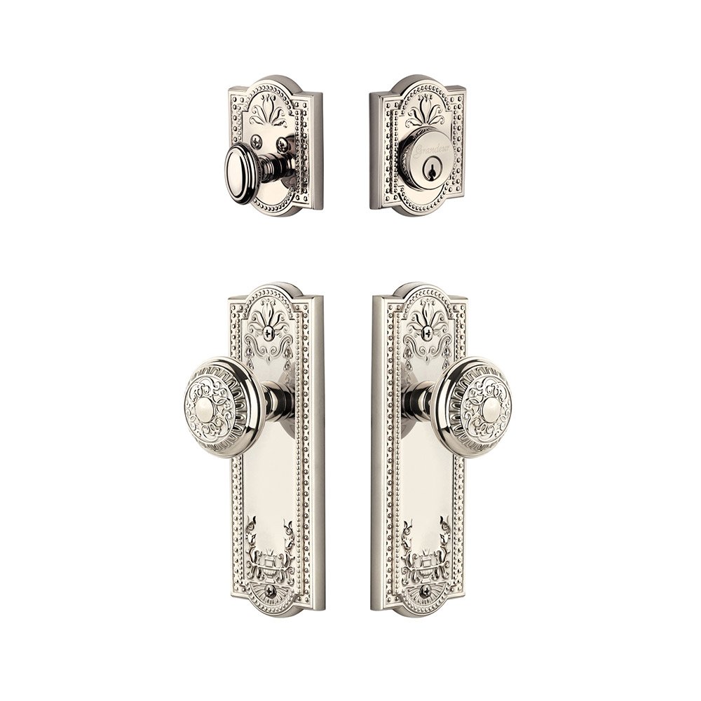 Parthenon Plate With Windsor Knob & Matching Deadbolt In Polished Nickel