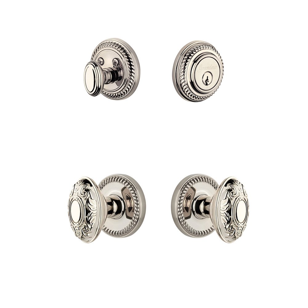 Newport Rosette With Grande Victorian Knob & Matching Deadbolt In Polished Nickel